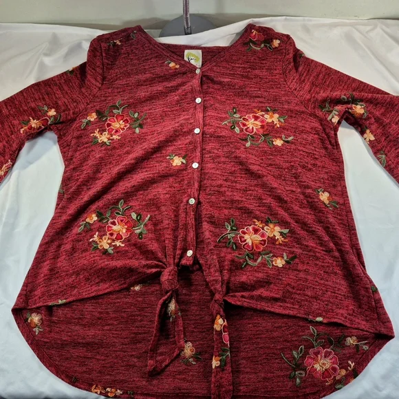 NWOT Fig & Flower Burgundy Floral Embroidered Tie-Front Knit Cardigan Blouse 2X - Picture 4 of 10